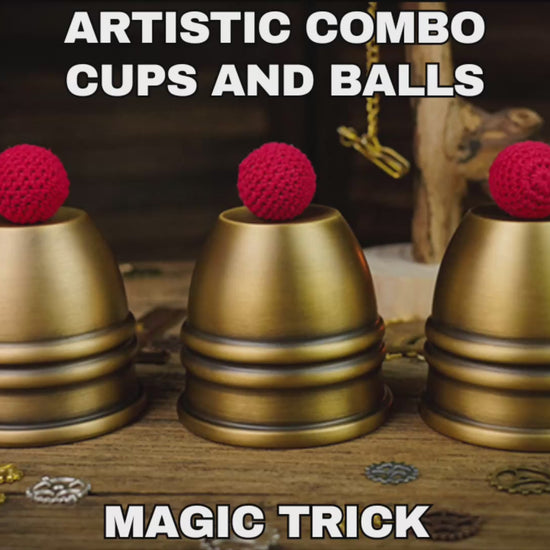 Three brass cups with three crochet red balls displayed ready to perform a magic cups and balls routine