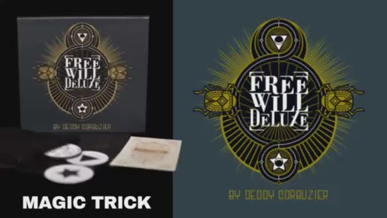 Magic trick cover for "Free Will Deluxe" by Deddy Corbuzier, featuring a stylized, circular design with gold accents, and images of beetles. Demonstration video