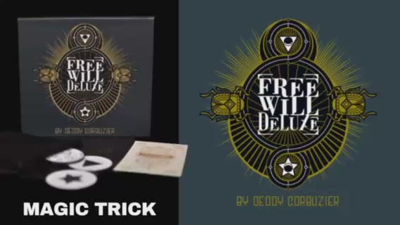 Magic trick cover for "Free Will Deluxe" by Deddy Corbuzier, featuring a stylized, circular design with gold accents, and images of beetles. Demonstration video