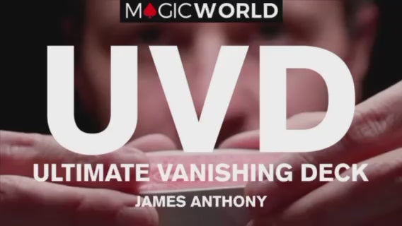 Close-up of hands holding a deck of cards, promoting the "UVD Ultimate Vanishing Deck" by James Anthony. Demonstration video 