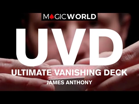Close-up of hands holding a deck of cards, promoting the "UVD Ultimate Vanishing Deck" by James Anthony. Demo video 