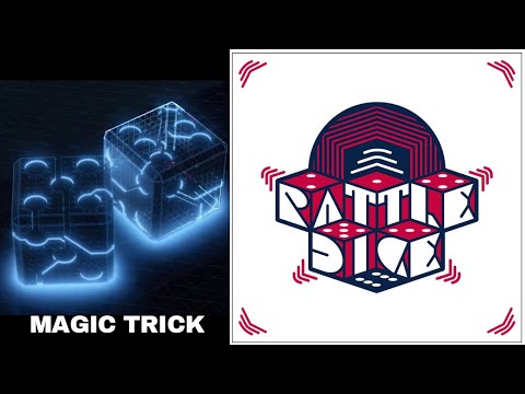 Digital graphic of two glowing dice, labeled "MAGIC TRICK," alongside a stylized logo for "RATTLE DICE." Demo video