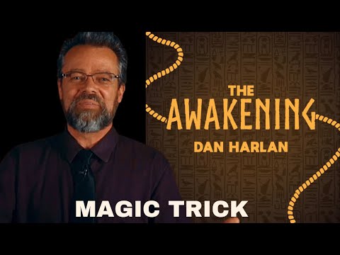 Magic trick cover for "The Awakening" by Dan Harlan, featuring stylized hieroglyphs and orange rope. Demo video