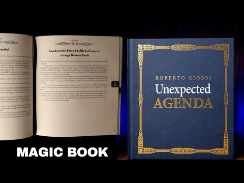 Magic book titled "Unexpected Agenda" by Roberto Giobbi, open to pages displaying text about card shuffling techniques. Demo video 