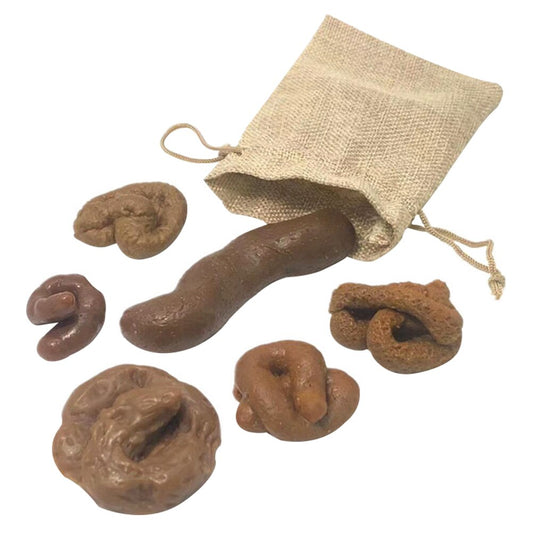 Assorted brown, molded poop-shaped figurines in a beige burlap drawstring bag.