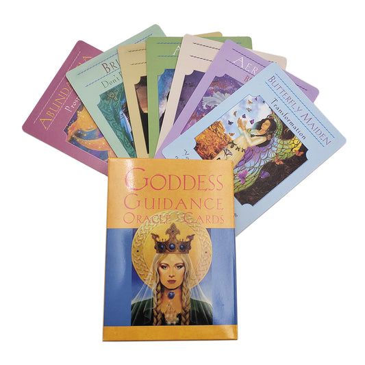 Box of Goddess Guidance Oracle Cards, similar to tarot cards, featuring an illustration of a crowned woman with long blonde hair, a blue jewel necklace, and a golden halo, set against a yellow and blue background.