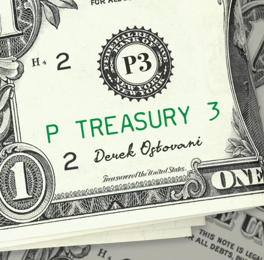 Close-up of a US dollar bill featuring "P TREASURY 3" and the name "Derek Ostovani".